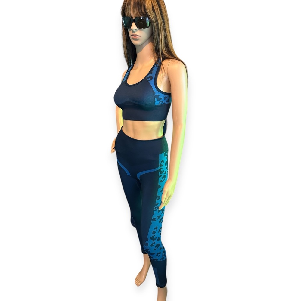 NEW - Blue Leopard Panel High-Waist Leggings & Sports Bra Set